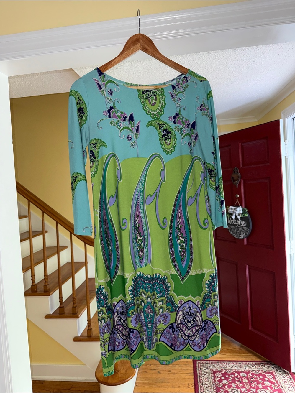 London Times Aqua and Lime Paisley Long Sleeve Shift Dress